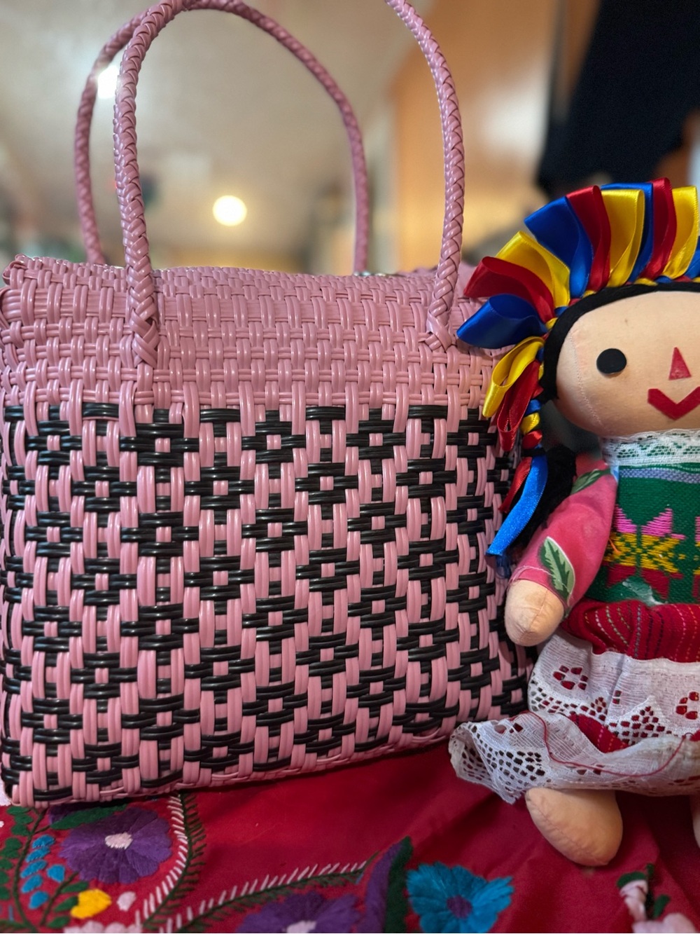 Pink and Black Woven Tote Bag - Stylish Everyday Carry